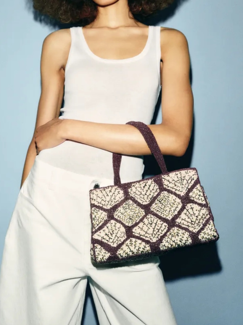 Zara Cream and Deep Plum Geometric Beaded Tote